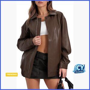 Oversized Faux Leather Bomber Jacket Motorcycle Biker Zip Up Coat